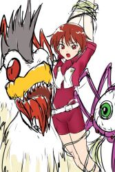 Rule 34 | 1girl, arms up, artist request, bird, cockatrimon, digimon, digimon (creature), digimon savers, fujieda yoshino, grabbing, grabbing from behind, looking at another, navel, open mouth, parasimon, restrained, sharp teeth, short hair, simple background, sweat, teeth, tentacles, trapped, wings