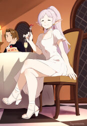 Rule 34 | 1girl, arm support, artist name, brown eyes, brown hair, cake, cake slice, choker, closed eyes, closed mouth, collarbone, crossed legs, cup, dangle earrings, dress, drinking glass, earrings, elf, food, fork, frieren, heels, highres, holding, holding fork, indoors, jewelry, long hair, looking at another, pointy ears, ponytail, sein (sousou no frieren), short sleeves, sitting, smile, sousou no frieren, squeezable (squeezabledraws), thighs, tile floor, tiles, toes, white choker, white dress, white footwear, white hair, wooden chair