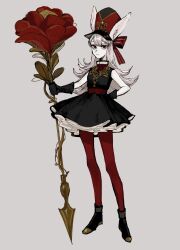 Rule 34 | 1girl, albino, animal ears, black dress, black footwear, black gloves, closed mouth, colored skin, dress, flower, full body, gloves, grey background, grey hair, hand on own hip, hand up, hat, hat ribbon, highres, holding, holding polearm, holding weapon, long hair, looking at viewer, minai mosa, original, pantyhose, polearm, rabbit ears, rabbit girl, red eyes, red flower, red pantyhose, red ribbon, ribbon, shoes, short dress, simple background, solo, standing, weapon, white skin