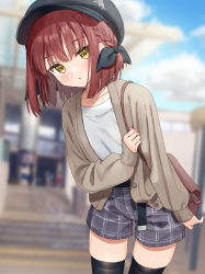 Rule 34 | 1girl, bag, black hat, black thighhighs, blue sky, blunt bangs, blurry, blurry background, braid, breasts, cloud, collarbone, day, dolphin print, dot nose, grey shorts, handbag, hat, highres, holding strap, jacket, long sleeves, looking at viewer, medium hair, muninshiki, original, outdoors, parted lips, plaid, plaid shorts, red hair, shirt, shorts, side braid, single braid, sky, small breasts, solo, stairs, standing, thighhighs, white shirt, yellow eyes