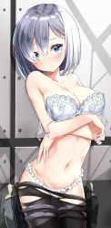 Rule 34 | 1girl, black pantyhose, blue eyes, blush, bra, breast hold, breasts, cleavage, closed mouth, collarbone, commentary request, cowboy shot, eyebrows hidden by hair, frilled bra, frilled panties, frills, groin, hair between eyes, hair ornament, hair over one eye, hairclip, hamakaze (kancolle), hamaken. (novelize), highres, kantai collection, large breasts, lingerie, looking at viewer, machinery, navel, panties, pantyhose, short hair, silver hair, smile, solo, standing, thighs, torn clothes, torn pantyhose, torpedo tubes, underwear, undressing, white bra, white panties