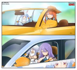 dakimakura_(object) hololive itasha long_hair moona_hoshinova orange_hair pillow purple_hair scared takanashi_kiara usada_pekora virtual_youtuber