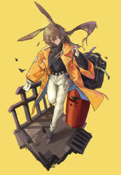 Rule 34 | 1girl, absurdres, alternate costume, amiya (arknights), animal ears, arknights, backpack, bag, black bag, black footwear, black sweater, brown hair, drain (object), envelope, extra ears, green eyes, hair between eyes, head tilt, highres, holding, holding envelope, jacket, jewelry, leg up, long hair, minccc, multiple rings, open clothes, open jacket, orange jacket, pants, postbox (outgoing mail), rabbit ears, rabbit girl, ring, simple background, solo, standing, standing on one leg, sweater, turtleneck, turtleneck sweater, white pants, yellow background