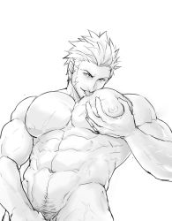 Rule 34 | 1boy, abs, bara, chachi (soulga), completely nude, cowboy shot, facial hair, fate/grand order, fate (series), goatee, grabbing, greyscale, groin, large pectorals, licking, long sideburns, male focus, male pubic hair, mature male, monochrome, muscular, muscular male, napoleon bonaparte (fate), navel, navel hair, nipples, nude, out-of-frame censoring, pectoral grab, pectorals, pubic hair, scar, scar on chest, grabbing own breast, short hair, sideburns, solo, stomach, white background