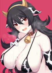 Rule 34 | 1girl, after paizuri, animal ears, animal print, bare shoulders, bell, bikini, black hair, blush, breasts, cleavage, collar, collarbone, cow ears, cow horns, cow print, cowbell, cum, cum on body, cum on breasts, cum on upper body, elbow gloves, fang, gloves, hair between eyes, hairband, horns, horosuke, ilya (princess connect!), large breasts, long hair, looking at viewer, neck bell, open mouth, pale skin, pink background, princess connect!, red eyes, simple background, slit pupils, solo, swimsuit