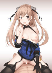 Rule 34 | 1boy, 1girl, abs, black gloves, blush, breasts, brown eyes, brown hair, cowgirl position, driftkingtw, garter straps, girl on top, gloves, hair ornament, heart, hetero, highres, johnston (kancolle), kantai collection, looking at viewer, medium breasts, nipples, no bra, no panties, off shoulder, open mouth, pussy juice, sex, single glove, solo focus, spoken heart, straddling, thighhighs, two side up, vaginal
