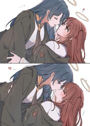 Rule 34 | 2girls, 2koma, alternate costume, alternate hair length, alternate hairstyle, angel, arknights, black coat, blue eyes, blue hair, blush, brown necktie, closed eyes, closed mouth, coat, comic, commentary, exusiai (arknights), halo, hand on another&#039;s chin, heart, highres, kiss, long hair, long sleeves, looking at another, mostima (arknights), multiple girls, necktie, off shoulder, open mouth, parted bangs, red eyes, red hair, seri (vyrlw), shirt, side ponytail, sidelocks, simple background, spoken heart, sweatdrop, white background, white shirt, yukadon, yuri