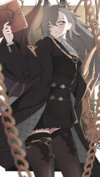 Rule 34 | 1girl, animal ears, arknights, ascot, black coat, black jacket, black thighhighs, blurry, book, border, branch, chain, closed mouth, coat, cowboy shot, crossed bangs, expressionless, eyes visible through hair, gold chain, grey hair, hair behind ear, hair between eyes, hair ornament, hair over one eye, hand up, highres, holding, holding book, jacket, kimo suna, long hair, long sleeves, looking at viewer, magic, mole, mole above eye, mole on forehead, off shoulder, open book, open clothes, open coat, open jacket, outside border, penance (arknights), solo, standing, thighhighs, white ascot, white border, yellow eyes