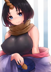 Rule 34 | 1girl, absurdres, artist name, black hair, blue eyes, blush, breasts, brown scarf, covered erect nipples, dragon girl, elma (maidragon), food, gradient hair, heart, heart-shaped pupils, highres, horns, kobayashi-san chi no maidragon, large breasts, looking at viewer, multicolored hair, neonbeat, purple hair, scarf, short hair, single horn, smile, solo, striped, striped background, symbol-shaped pupils, upper body, vertical stripes