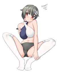 Rule 34 | 1girl, absurdres, bikini, black hair, breasts, cosplay, criss-cross halter, dated, full body, hair flaps, hair ornament, hairclip, halterneck, highres, intrepid (kancolle), intrepid (kancolle) (cosplay), invisible chair, jingei (kancolle), kantai collection, large breasts, long hair, looking at viewer, low ponytail, maru (marg0613), mismatched bikini, red eyes, simple background, sitting, solo, spread legs, swimsuit, thighhighs, twitter username, whale hair ornament, white background, white thighhighs