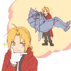 Rule 34 | 2boys, :3, alphonse elric, antenna hair, apron, armor, black pants, black shirt, blonde hair, blush, boots, brothers, carrying, coat, edward elric, closed eyes, frown, full armor, full body, fullmetal alchemist, gloves, grin, heart, imagining, looking away, male focus, multiple boys, pants, princess carry, red coat, shirt, siblings, simple background, smile, sparkle, tabixneko, thought bubble, upper body, white background, white gloves, yellow eyes