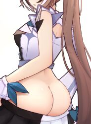 Rule 34 | 1girl, ass, back, black hair, breasts, brown hair, butt crack, clothes pull, head out of frame, highres, hololive, hololive english, hololive idol uniform (bright), idol, long hair, m r b, medium breasts, multicolored hair, nanashi mumei, open mouth, parted lips, ponytail, simple background, single sleeve, skirt, skirt pull, solo, streaked hair, virtual youtuber, white background, white hair