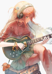 Rule 34 | 1girl, absurdres, akg k-series headphones, amplifier, animalization, blue eyes, bocchi the rock!, breasts, closed mouth, commission, crossed legs, cube hair ornament, electric guitar, expressionless, floating hair, gibson les paul, gotoh hitori, gotoh hitori (octopus), grey skirt, guitar, hair between eyes, hair ornament, headphones, highres, holding, holding instrument, instrument, jacket, long hair, medium breasts, music, one side up, pants, pants under skirt, pink hair, pink jacket, pink pants, playing instrument, pleated skirt, pokepoke (usdg7842), sample watermark, simple background, sitting, skeb commission, skirt, sleeves rolled up, solo, track jacket, twitter username, watermark, white background