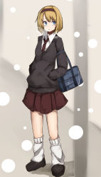 Rule 34 | 1girl, alice margatroid, alternate costume, bag, black footwear, blonde hair, blue eyes, breath, brown skirt, collared shirt, contemporary, fugashi-shi, hairband, hands in pockets, highres, initial, kneehighs, looking to the side, necktie, pleated skirt, red necktie, school bag, school uniform, shirt, shoes, short hair, skirt, snow, socks, solo, thighs, touhou, white shirt