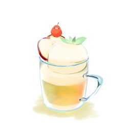 Rule 34 | apple, bird, chai (drawingchisanne), commentary request, cup, drink, drinking glass, food, food focus, fruit, glass, no humans, on food, original, signature, sweets bird, white background