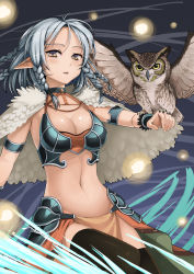 Rule 34 | 1girl, ange vierge, animal, animal on hand, armor, bird, black thighhighs, braid, breasts, bride, brown eyes, choker, cleavage, cloak, highres, jchoy, looking at viewer, medium breasts, multiple braids, navel, night, open mouth, owl, pointy ears, short hair, silver hair, solo, thighhighs