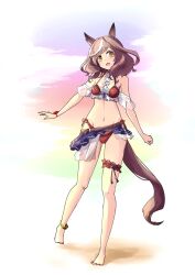 Rule 34 | 1girl, alternate costume, animal ears, bare shoulders, barefoot, between breasts, blush, breasts, brown hair, cleavage, commentary request, full body, hair ornament, hairclip, highres, horse ears, horse girl, horse tail, kyabetsuman, looking at viewer, matikane tannhauser (umamusume), medium breasts, multicolored hair, navel, open mouth, simple background, solo, standing, streaked hair, swimsuit, tail, umamusume, white background, white hair, yellow eyes