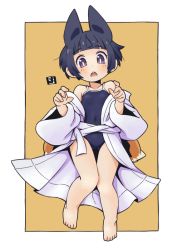Rule 34 | 1girl, animal ears, bare legs, bare shoulders, barefoot, black hair, black one-piece swimsuit, blue one-piece swimsuit, blush, brown background, brown eyes, collarbone, commentary request, covered navel, fox ears, fox girl, fox tail, full body, japanese clothes, kimono, kitsune, kukuri (mawaru), long sleeves, looking at viewer, mawaru (mawaru), off shoulder, one-piece swimsuit, open mouth, original, short hair, solo, swimsuit, swimsuit under clothes, tail, teeth, two-tone background, upper teeth only, white background, white kimono, wide sleeves