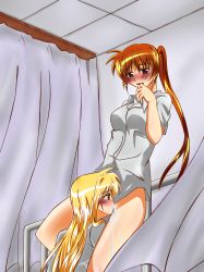 Rule 34 | 2girls, absurdres, bed, blonde hair, blush, breasts, brown hair, collared shirt, couple, cunnilingus, curtains, fate testarossa, highres, long hair, lyrical nanoha, mahou shoujo lyrical nanoha, mahou shoujo lyrical nanoha strikers, mahou shoujo lyrical nanoha vivid, moaning, multiple girls, oral, purple eyes, pussy juice, red eyes, shirt, side ponytail, takamachi nanoha, wet, yuri