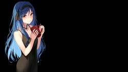 1girl, absurdres, bangs, black background, black dress, black hairband, blue hair, blush, breasts, cleavage, closed mouth, collarbone, cup, dress, eyebrows visible through hair, hair between eyes, hair intakes, hairband, highres, holding, holding cup, long hair, looking at viewer, medium breasts, nao (okt8538), original, shiny, shiny hair, simple background, sleeveless, sleeveless dress, smile, solo, standing, very long hair, yellow eyes