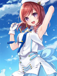 Rule 34 | 10s, 1girl, :d, armpits, blouse, blue necktie, blush, cloud, collared shirt, day, fingerless gloves, gloves, hat, hat feather, love live!, love live! school idol project, necktie, nishikino maki, open mouth, purple eyes, red hair, rimo, shirt, shirt tucked in, short hair, skirt, sky, sleeveless, sleeveless shirt, smile, solo, suspender skirt, suspenders, swept bangs, water drop, white gloves, white hat, white shirt, wonderful rush