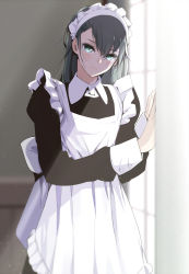 Rule 34 | 1girl, apron, back bow, backlighting, black dress, black hair, blush, bow, closed mouth, collared dress, cowboy shot, dress, fed (giba), frilled apron, frilled headband, frills, green eyes, hands up, highres, indoors, juliet sleeves, light, light particles, long dress, long hair, long sleeves, looking at viewer, maid, maid apron, maid headdress, original, parted bangs, puffy sleeves, solo, standing, translated, tsurime, victorian, victorian maid, white apron, white bow, window, wing collar