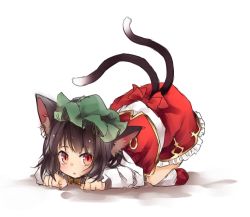 Rule 34 | 1girl, :o, all fours, animal ears, brown hair, cat ears, cat tail, chen, ear piercing, earrings, frilled skirt, frills, hat, jewelry, long sleeves, looking at viewer, mob cap, multiple tails, nail polish, nekomata, open mouth, piercing, red eyes, red nails, shirt, simple background, single earring, skirt, skirt set, solo, tail, touhou, toutenkou, two tails, white background