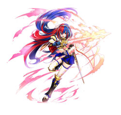 Rule 34 | 1girl, alear (female) (fire emblem), alear (fire emblem), amagai tarou, armor, blue eyes, blue hair, braid, breasts, cape, crossed bangs, crown braid, fire, fire emblem, fire emblem engage, heterochromia, holding, holding sword, holding weapon, liberation (fire emblem), long hair, looking at viewer, medium breasts, multicolored hair, nintendo, official art, red eyes, red hair, smile, solo, split-color hair, sword, thigh strap, thighhighs, thighs, tiara, two-tone hair, very long hair, weapon