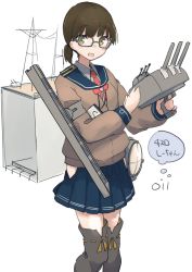 Rule 34 | 1girl, blue skirt, c2-chan, c2 kikan, commentary, glasses, green eyes, highres, hip vent, holding, kantai collection, long sleeves, looking at viewer, low ponytail, ma rukan, necktie, pleated skirt, ponytail, red necktie, rigging, sailor collar, school uniform, searchlight, serafuku, signature, simple background, skirt, solo, symbol-only commentary, thighhighs, white background