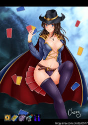 Rule 34 | 1girl, absurdres, belt, bikini, bikini bottom only, blue eyes, blush, breasts, brown hair, cape, card, cheng, cleavage, genderswap, genderswap (mtf), hat, highres, holding, holding card, jewelry, large breasts, league of legends, long hair, necklace, smile, solo, swimsuit, thighhighs, twisted fate