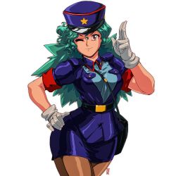 Rule 34 | 1980s (style), 1girl, ;), bag, between breasts, blue skirt, breasts, brown eyes, commentary, cowboy shot, creatures (company), david liu, english commentary, epaulettes, female service cap, game freak, gen 1 pokemon, gloves, green hair, hand on own hip, hat, highres, jenny (pokemon), long hair, looking at viewer, medium breasts, miniskirt, narrow waist, nintendo, oldschool, one eye closed, pantyhose, pencil skirt, pokemon, pokemon (anime), police, police uniform, policewoman, retro artstyle, salute, shiny clothes, skirt, smile, solo, spiked hair, strap between breasts, two-finger salute, uniform, white background, white gloves, wide hips