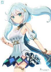 Rule 34 | 1girl, aqua dress, aqua eyes, aqua hair, chinchongcha, commentary request, detached sleeves, dress, eyes visible through hair, faruzan (genshin impact), genshin impact, hair between eyes, hair ornament, highres, long hair, looking at viewer, short sleeves, sidelocks, simple background, solo, symbol-shaped pupils, triangle-shaped pupils, twintails, white background, x hair ornament