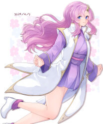 Rule 34 | 1girl, blue eyes, blush, dated, gundam, gundam seed, hair ornament, highres, japanese clothes, jinbaori, kimono, lacus clyne, light smile, long hair, looking at viewer, nun (eri), pink hair, purple kimono, short kimono, white footwear