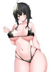 Rule 34 | 1girl, absurdres, ahoge, arm at side, arm up, bikini, black bikini, black hair, blunt bangs, blush, breasts, closed mouth, collarbone, commentary request, covered erect nipples, cowboy shot, expressionless, gluteal fold, green eyes, highleg, highleg bikini, highres, large breasts, mole, mole under mouth, nai (cnoadi8), navel, original, see-through, sidelocks, simple background, solo, standing, swimsuit, thick thighs, thighs, wide hips
