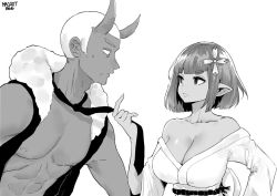 Rule 34 | 1boy, 1girl, artist name, bare shoulders, blunt bangs, breasts, buzz cut, cleavage, commission, eye contact, greyscale, horns, looking at another, medium breasts, monochrome, muscular, muscular male, necktie, no bra, norman maggot, off shoulder, oni horns, original, pointy ears, short hair, sidelocks, standing, sweatdrop, tagme, upper body, very short hair, vest, wide sleeves