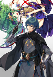 Rule 34 | 1boy, 1girl, armor, black gloves, blue eyes, blue hair, braid, byleth (fire emblem), byleth (male) (fire emblem), closed mouth, dagger, fire emblem, fire emblem: three houses, fish, floating, gloves, green eyes, green hair, grey background, hand up, heroes relic (fire emblem), highres, holding, holding sword, holding weapon, knife, kurosawa tetsu, long hair, nintendo, open mouth, pointy ears, ribbon braid, sheath, sheathed, short hair, simple background, smile, sothis (fire emblem), stick, sword, sword of the creator, tiara, twin braids, weapon