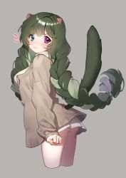 Rule 34 | 1girl, :i, absurdres, animal ears, ass, blue eyes, blush, braid, breasts, brown background, brown jacket, closed mouth, cropped legs, green hair, grey background, hair ribbon, heterochromia, highres, jacket, long hair, long sleeves, looking at viewer, looking to the side, medium breasts, open clothes, open jacket, original, pleated skirt, pout, purple eyes, ribbon, rubyaano (ducl323), signature, simple background, skirt, sleeves past wrists, solo, sweater, tail, tail raised, turtleneck, turtleneck sweater, twin braids, twintails, very long hair, white ribbon, white skirt, white sweater