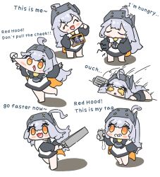 Rule 34 | 1girl, 1other, :d, ^ ^, absurdres, ahoge, black bow, black bowtie, black shirt, blush stickers, bow, bowtie, chibi, cloak, closed eyes, closed mouth, dog tags, english text, goddess of victory: nikke, grey hair, grin, highres, holding, hungry, kiwi forest, long hair, machine translated, multiple views, open mouth, shirt, simple background, smile, snow white (innocent days) (nikke), snow white (nikke), tripping, visor (armor), white background, white cloak, yellow eyes