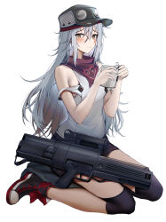 Rule 34 | 1girl, assault rifle, boots, brown eyes, bullpup, caseless firearm, cup, g11 (girls&#039; frontline), girls&#039; frontline, green hat, grey hair, gun, h&amp;k g11, hat, high-capacity magazine, highres, holding, holding cup, horizontal magazine, kitsune udon (ai br), long hair, looking at viewer, messy hair, rifle, seiza, sitting, smile, solo, weapon, white background