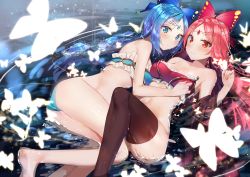 Rule 34 | 2girls, ass, bad id, bad pixiv id, bare legs, bare shoulders, barefoot, bikini, black legwear, blue bikini, blue eyes, blue hair, blush, breasts, bug, butterfly, butterfly hair ornament, character request, closed mouth, collarbone, commentary request, fingernails, forehead jewel, hair ornament, hand up, highres, houchi shoujo, insect, long hair, looking at viewer, lying, medium breasts, multiple girls, navel, on back, on side, parted bangs, red bikini, red eyes, red hair, sabet (young ouo), sidelocks, smile, strapless, strapless bikini, swimsuit, thighhighs, thighs, very long hair, water