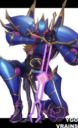 Rule 34 | 2boys, absurdres, arm at side, armor, blonde hair, bodysuit, card, commentary request, decode talker, duel monster, fujiki yusaku, full body, green eyes, highres, holding, holding sword, holding weapon, huge filesize, letterboxed, male focus, multicolored hair, multiple boys, orange hair, pink hair, planted, planted sword, planted weapon, playmaker (yu-gi-oh!), standing, sword, vvhoneygo, weapon, yu-gi-oh!, yu-gi-oh! vrains, yuu-gi-ou, yuu-gi-ou vrains