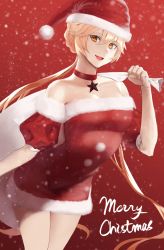 Rule 34 | 1girl, bag, bare shoulders, blonde hair, braid, breasts, choker, christmas, cleavage, collarbone, commentary request, dress, feet out of frame, french braid, girls&#039; frontline, hair between eyes, hair ornament, hat, highres, holding, holding bag, leaning forward, long hair, looking at viewer, low twintails, medium breasts, merry christmas, open mouth, ots-14 (girls&#039; frontline), red background, red choker, red dress, red hat, santa costume, santa dress, santa hat, saturndxy, smile, snowflakes, solo, standing, star (symbol), twintails, yellow eyes