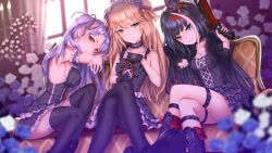 Rule 34 | 3girls, admiral hipper (azur lane), arm garter, arm rest, azur lane, bad id, bad pixiv id, bare shoulders, belt, belt buckle, black belt, black dress, black footwear, black gloves, black hair, black hat, black legwear, blonde hair, blue eyes, blue flower, blurry, blurry background, blurry foreground, boots, breasts, brown eyes, buckle, candle, candlestand, cleavage, closed mouth, collarbone, commentary request, couch, cross, cross-laced footwear, crossed legs, depth of field, detached sleeves, deutschland (azur lane), dress, flower, girl sandwich, gloves, gothic lolita, green eyes, grin, gun, hair between eyes, hair ribbon, hairband, hand on own knee, hand up, handgun, hat, head tilt, holding, holding gun, holding weapon, indoors, iron cross, knee boots, lace, lace-trimmed gloves, lace-up boots, lace trim, leg belt, lolita fashion, lolita hairband, long hair, long sleeves, looking at viewer, medium breasts, mini hat, mini top hat, multicolored hair, multiple girls, on couch, one side up, pantyhose, pistol, prinz eugen (azur lane), purple hair, red hair, red ribbon, revision, ribbon, ryuinu, sandwiched, sharp teeth, sitting, sleeveless, sleeveless dress, smile, strapless, strapless dress, streaked hair, teeth, thighhighs, top hat, very long hair, weapon, white flower