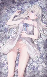 Rule 34 | 1girl, alicecrazy, bare shoulders, blue bow, blue eyes, bow, breasts, bright pupils, cleavage, commentary request, cropped legs, dress, flower, flower bed, flower censor, grey hair, hair between eyes, hair flower, hair ornament, highres, iris (flower), long hair, looking at viewer, lying, medium breasts, mole, mole under eye, no panties, on back, original, parted bangs, single off shoulder, wavy hair, white dress, white pupils