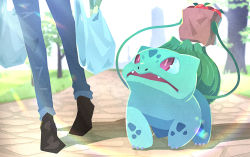 Rule 34 | 1other, bag, blurry, bright pupils, brown footwear, bulbasaur, claws, commentary request, creatures (company), day, denim, fangs, game freak, gen 1 pokemon, grass, highres, holding, jeans, looking up, nintendo, open mouth, outdoors, pants, paper bag, path, plant, pokemon, purple eyes, road, shoes, shopping bag, spring onion, torokko, tree, vines