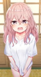 Rule 34 | 1girl, blurry, blurry background, blush, collarbone, commentary request, depth of field, grey eyes, hair between eyes, highres, indoors, inui sajuna, looking at viewer, nenosame, open mouth, pink hair, shirt, shirt tug, short sleeves, solo, sono bisque doll wa koi wo suru, standing, wavy mouth, white shirt
