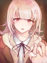 Rule 34 | 1girl, akira (aky-la), brown jacket, commentary request, danganronpa (series), danganronpa 3 (anime), face, flipped hair, hair ornament, hairclip, highres, holding hands, jacket, looking at viewer, nanami chiaki, pink eyes, pink hair, red neckwear, red ribbon, ribbon, shirt, short hair, simple background, solo focus, tears, white shirt