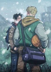 Rule 34 | 2boys, alternate costume, bad id, bad tumblr id, bag, ball, bara, basketball (object), black hair, blonde hair, blush, carrying, carrying under arm, couple, cris art, feet out of frame, hood, hood down, hulkling, jacket, long sideburns, male focus, marvel, multiple boys, short hair, shoulder bag, sideburns, smile, snowing, thick eyebrows, walking, wiccan, winter, yaoi
