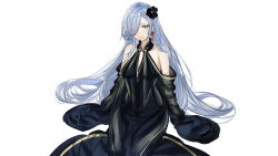 Rule 34 | 1girl, absurdres, bare shoulders, blue eyes, breasts, dress, flower, genshin impact, hair flower, hair ornament, hair over one eye, highres, long hair, shenhe (genshin impact), simple background, sleeves past wrists, smile, solo, srpzk, white background, white hair