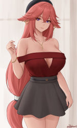 Rule 34 | 1girl, absurdres, animal ears, bare shoulders, beret, black hat, blush, breasts, cleavage, collarbone, fox ears, fox tail, genshin impact, grey skirt, hat, highres, jewelry, large breasts, long hair, looking at viewer, necklace, off-shoulder shirt, off shoulder, pink hair, purple eyes, red shirt, shirt, sidelocks, skirt, smile, solo, tail, thighs, very long hair, yae miko, zaphn